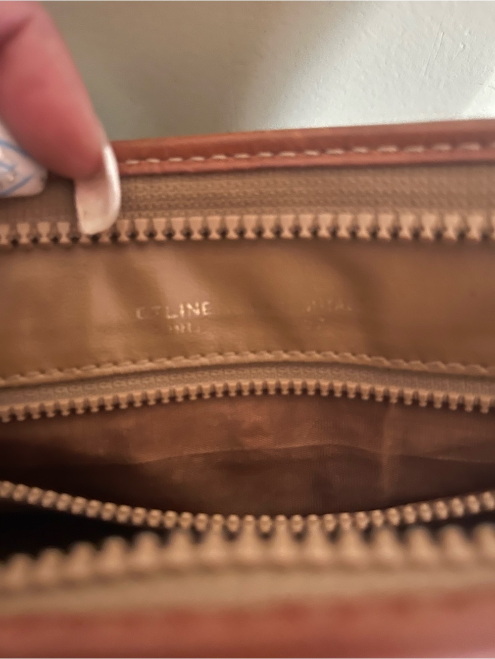 Vintage Celine Brown Patterned Leather Zip Pouch/Clutch Cognac Trim - Picture 9 of 11